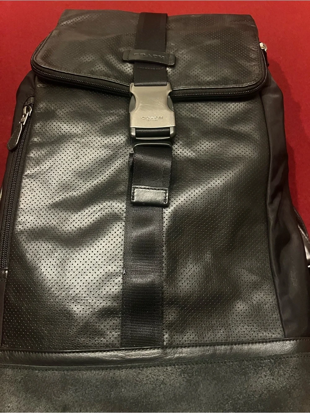 COACH Terrain Trek Pack Perforated Leather Men's Backpack - Black